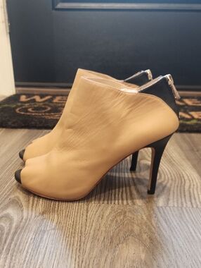 Ann Taylor Tan Peep-Toe High Heel Booties with Black Heel